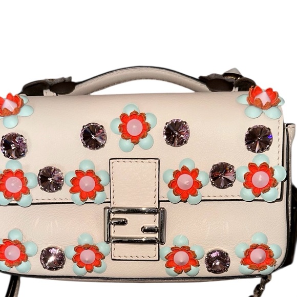 FENDI RARE FLORAL DOUBLE BAGUETTE Embellished Cream Handbag - Picture 2 of 8